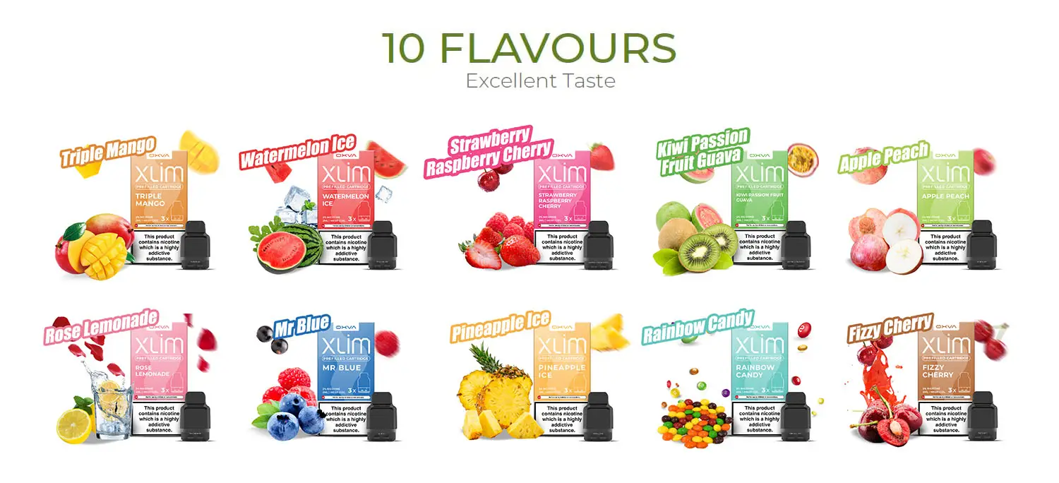OXVA-Xlim-Prefilled-Cartridges-3-Pack-Flavourswebp - Element Vapor Australia